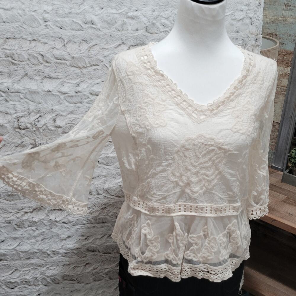 Ultra Pink Crochet Lace Top Womens S, Creamy Ivory, Boho Chic, Casual
